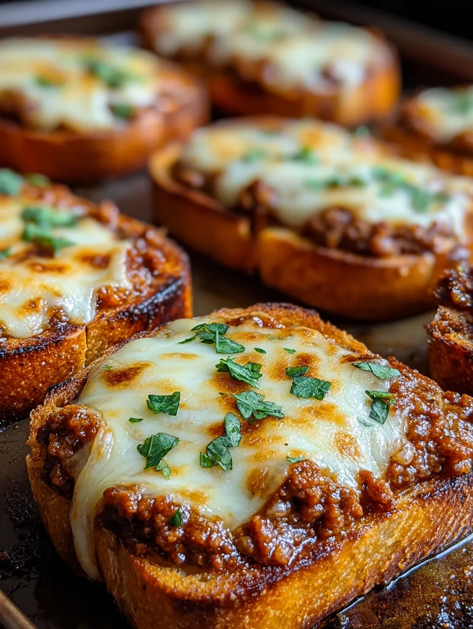 A plate stacked with cheesy, beefy toast.