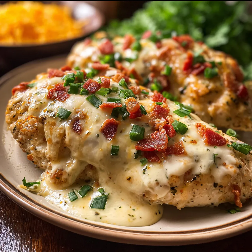 Cheesy chicken covered with crispy bacon on a plate.