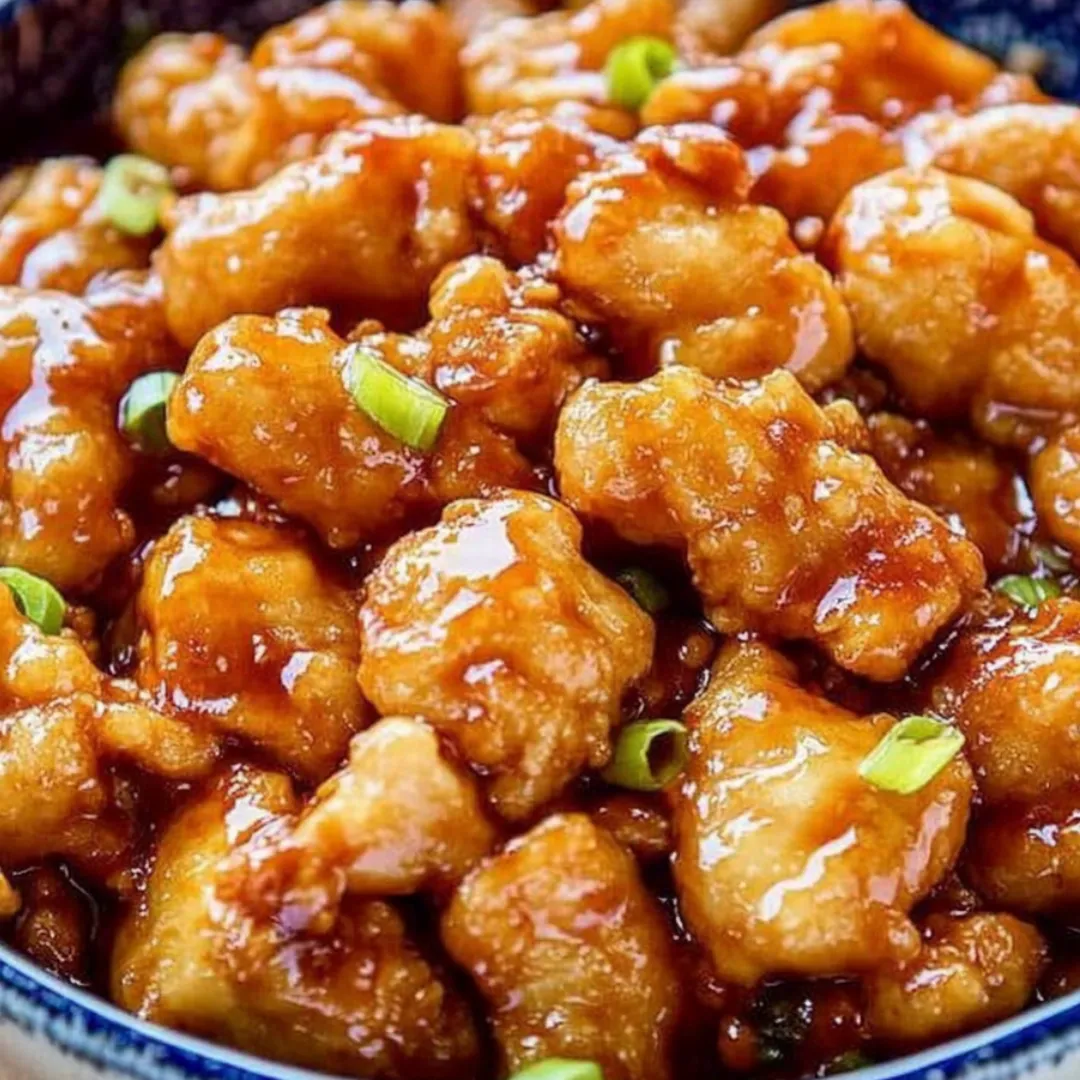 A bowl of saucy chicken bites.