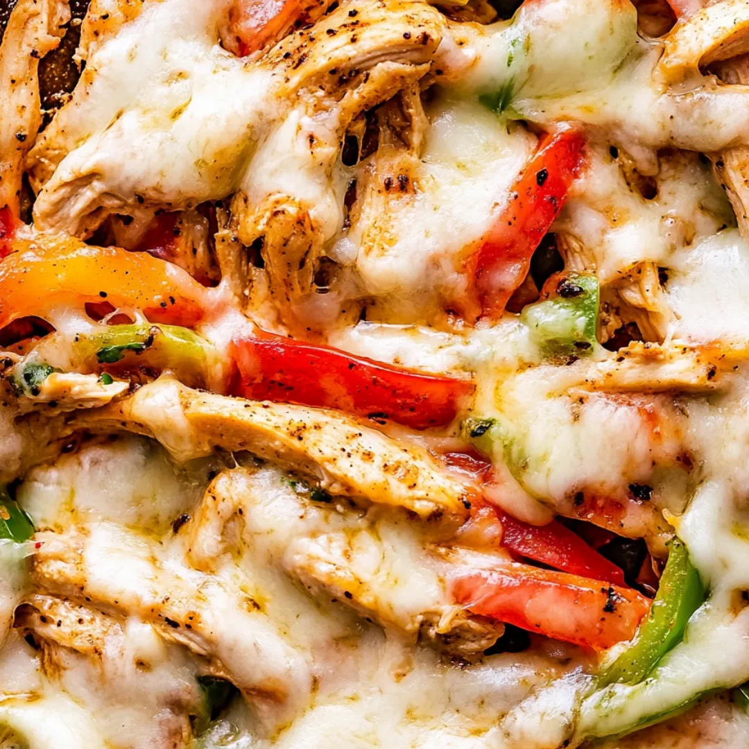Pizza loaded with peppers and melted cheese up close.