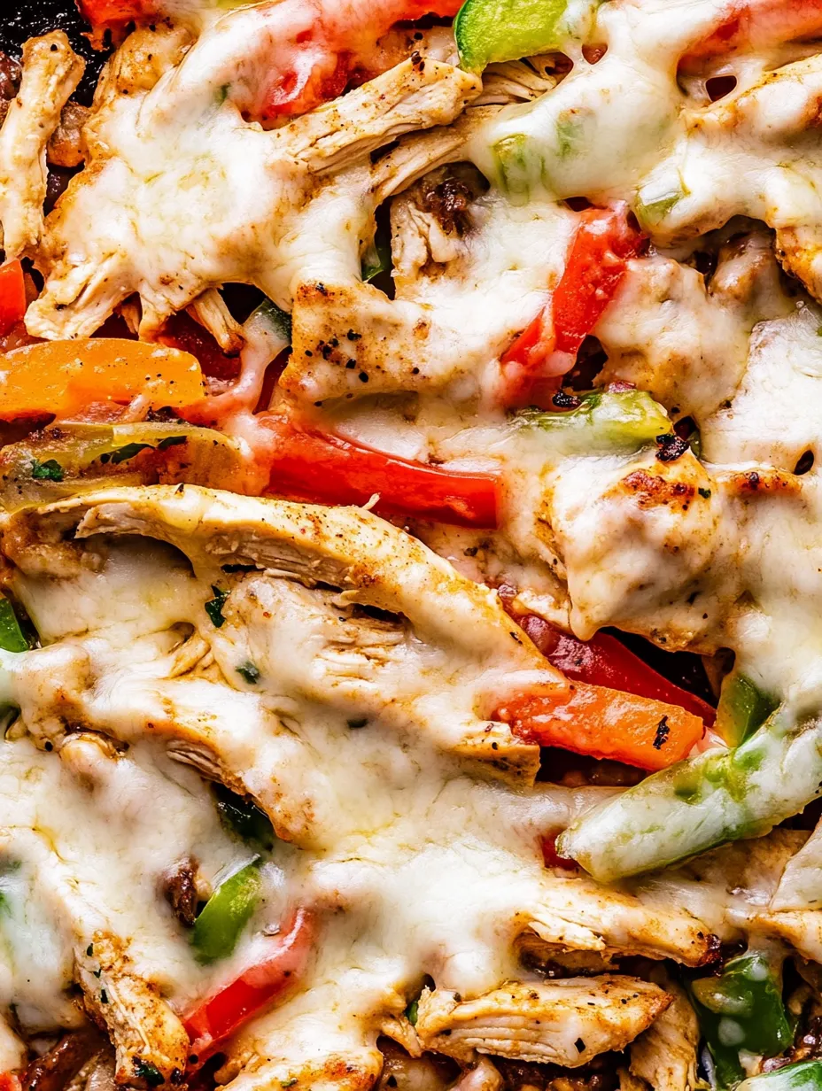 A pizza topped with chicken plus peppers.