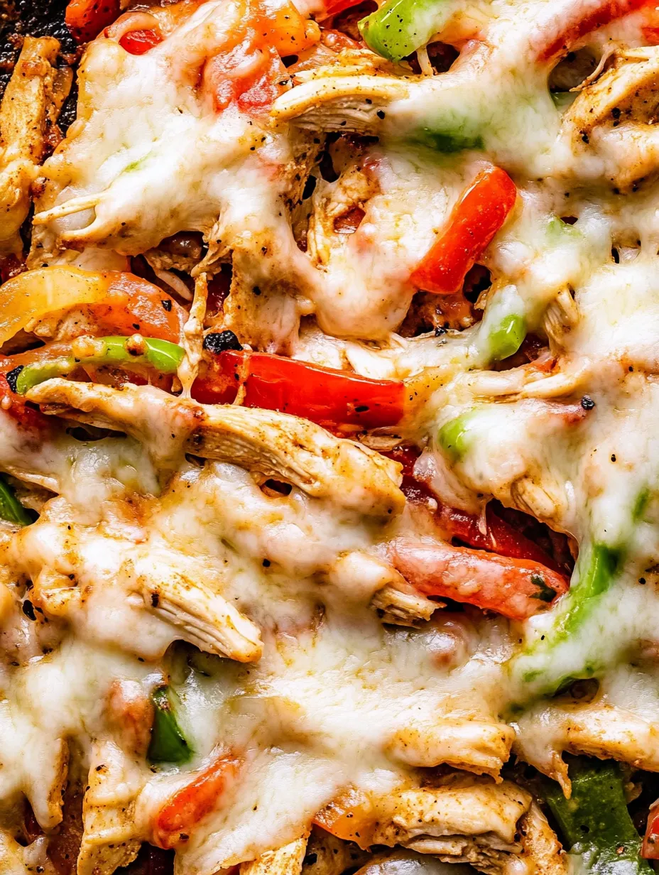 Closeup shot of a pizza with chicken and peppers.