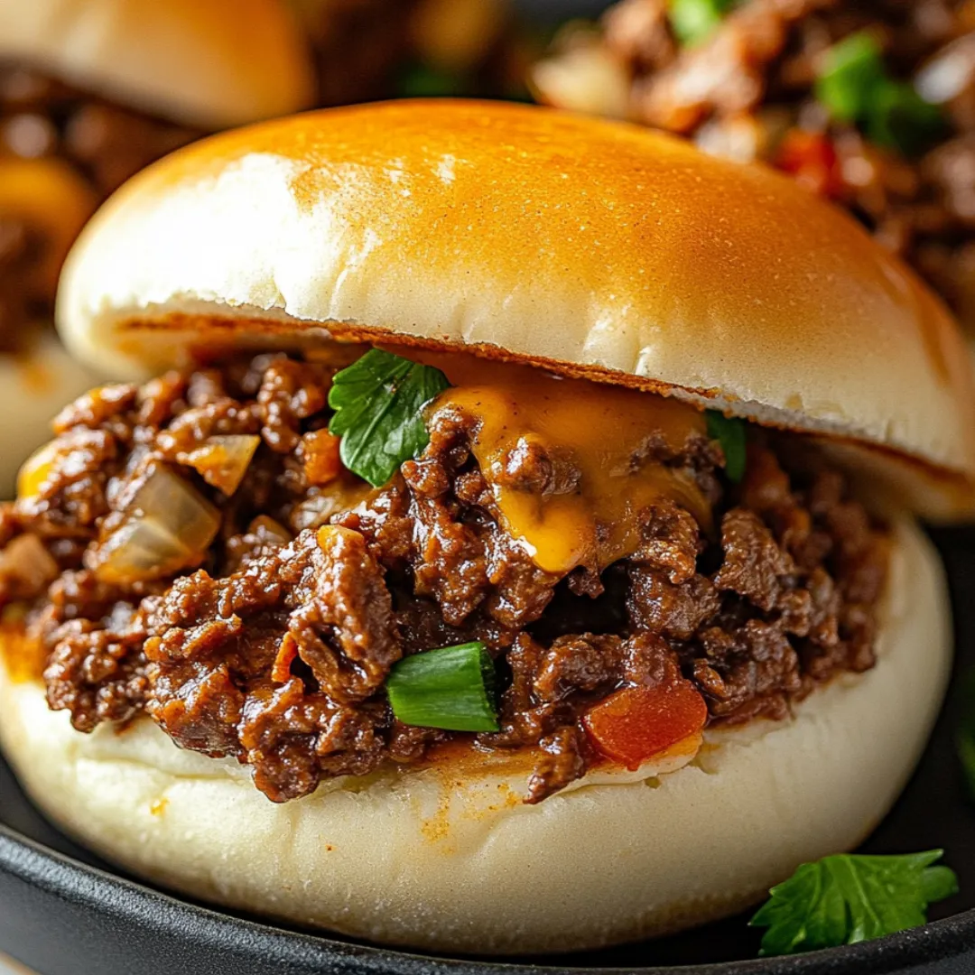 Juicy sandwich with melted cheese and onions in a close-up shot.