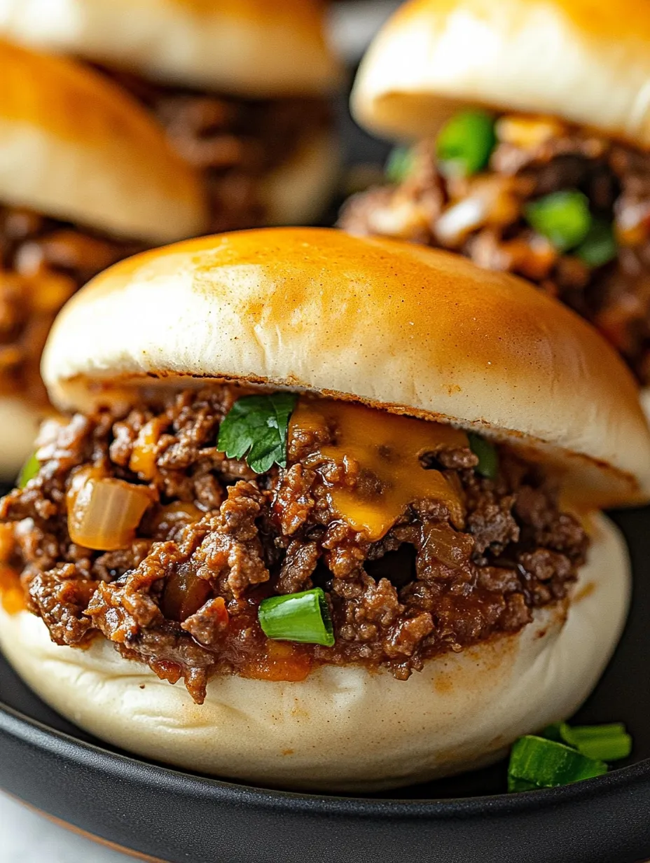 Hamburgers stacked on a plate with onions and melty cheese.