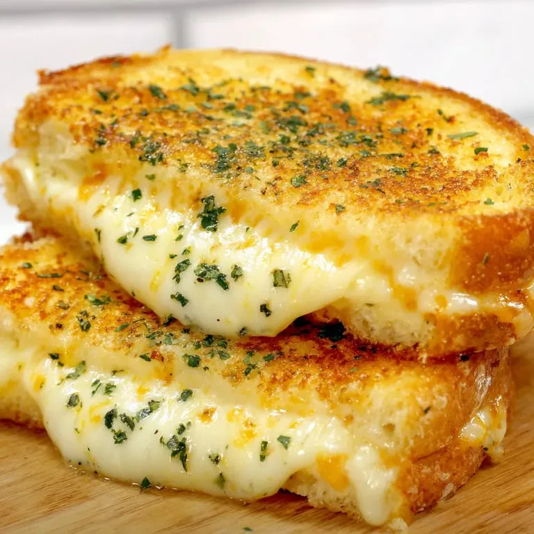 Two grilled cheese halves sitting on a wooden table.