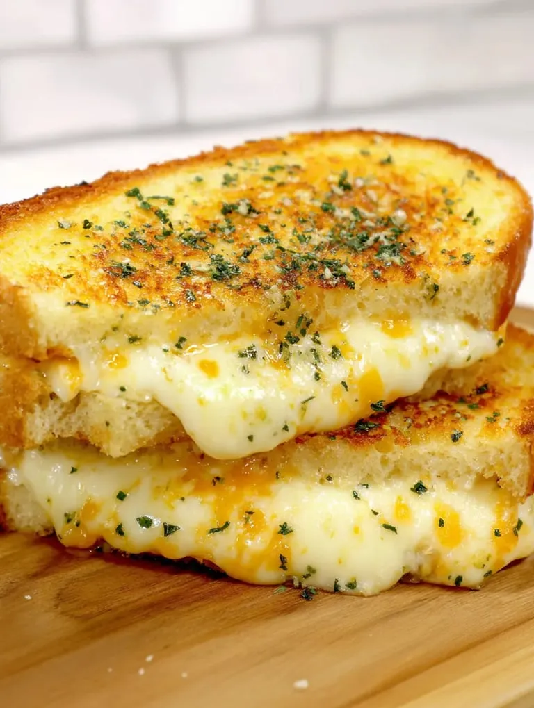 Two pieces of grilled cheese sandwich on a wooden table.