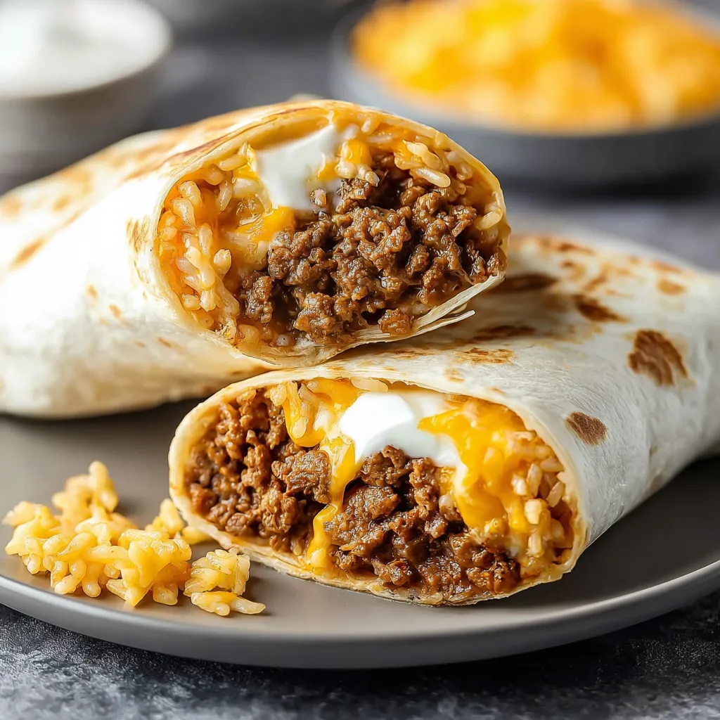Cheesy beef burritos arranged on a plate for serving.