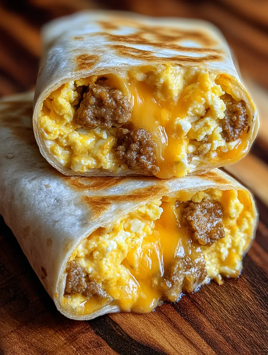 A breakfast burrito stacked with eggs, sausage, and cheddar cheese.