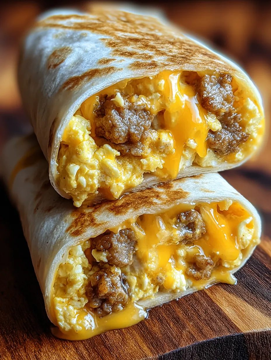 A breakfast burrito stuffed with eggs and sausage.