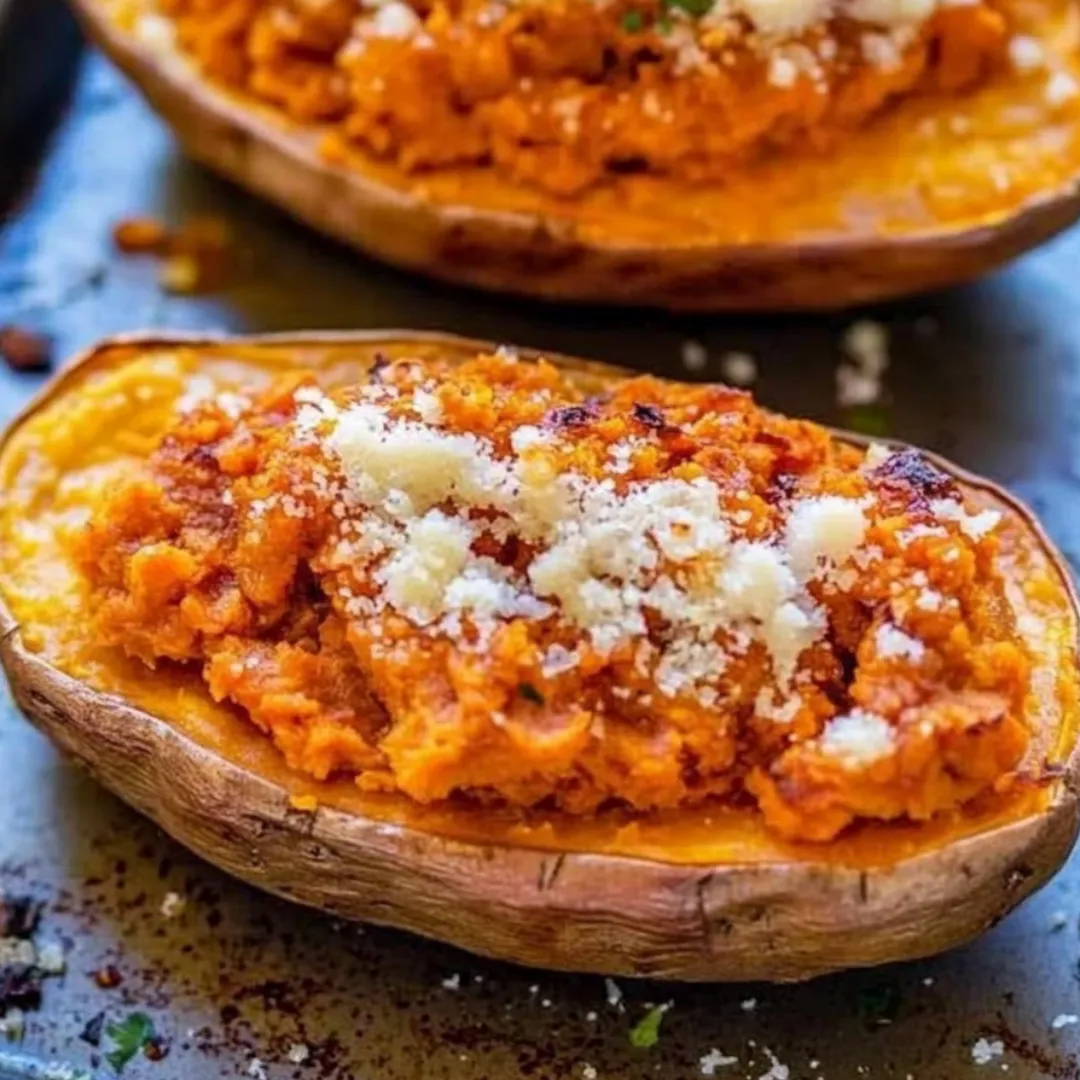Two rounds of baked sweet potato topped with melted cheese.