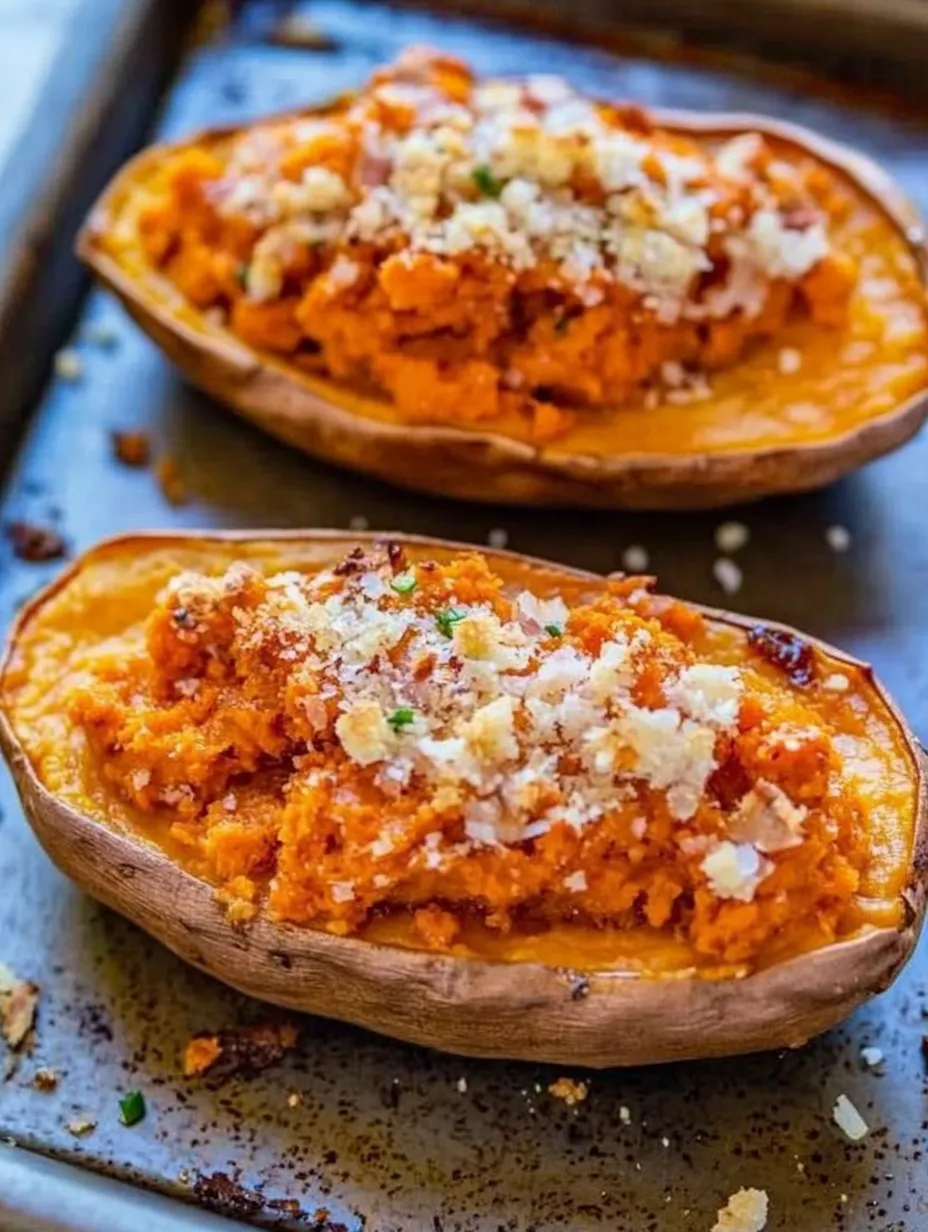 Two sweet potatoes sliced open, golden and topped generously.