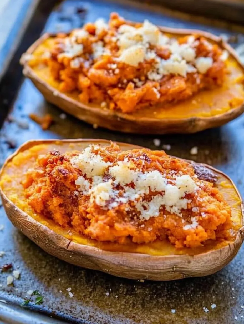 Two sweet potatoes sliced open, golden and topped generously.