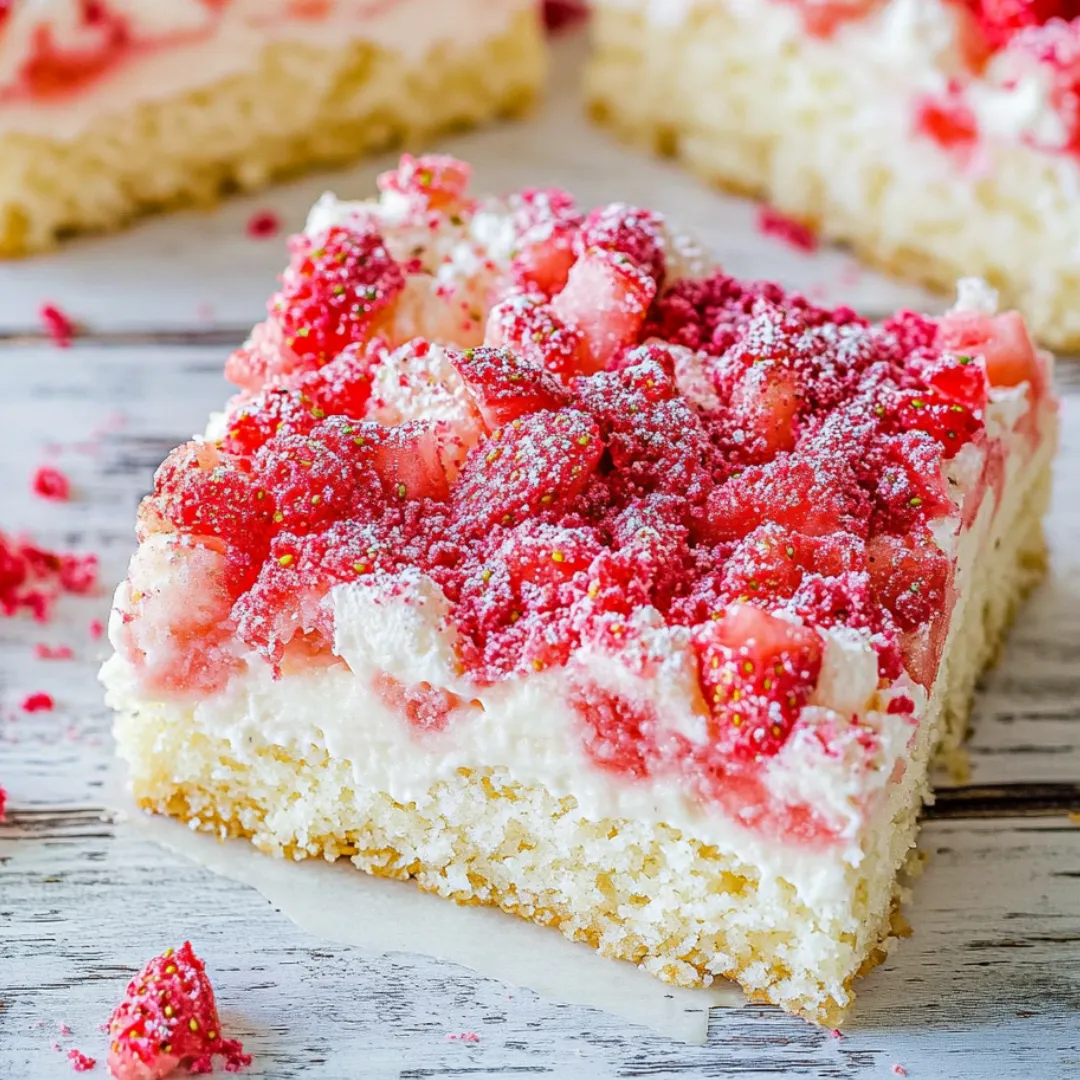 A vanilla dessert bar topped with whole and sliced strawberries.
