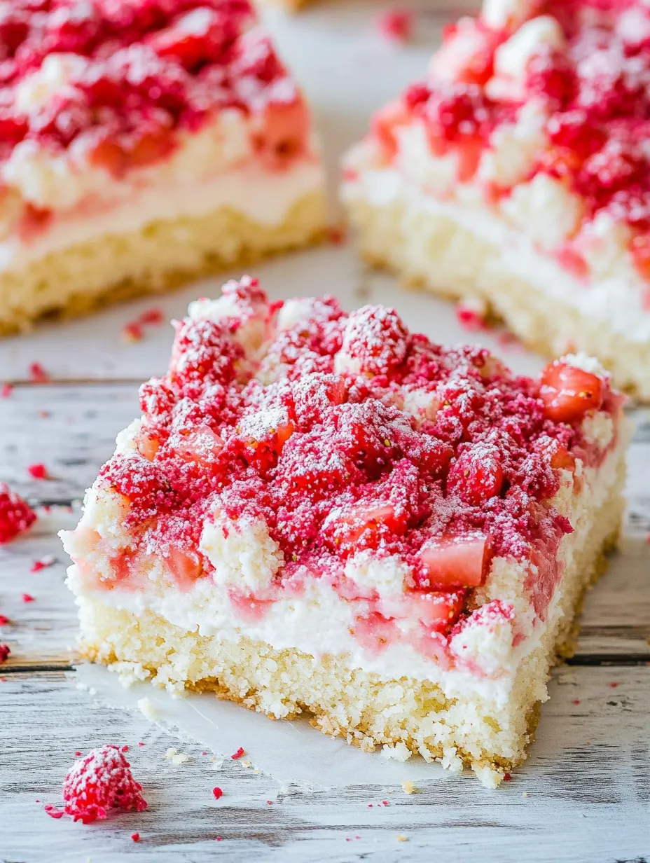 A slice of cake topped with strawberries and a crumbly layer.