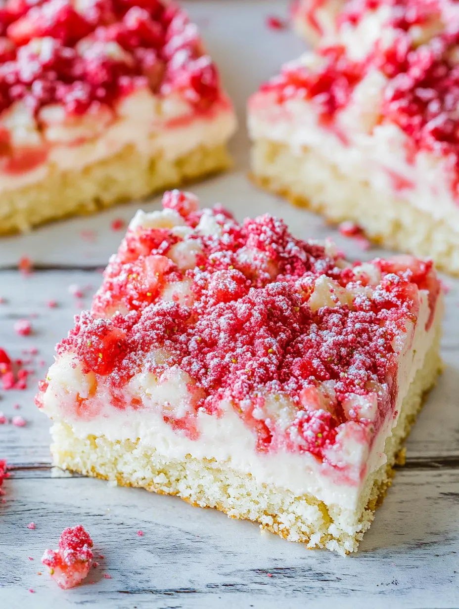 A square bar with creamy white frosting and red berry crumbles on top.