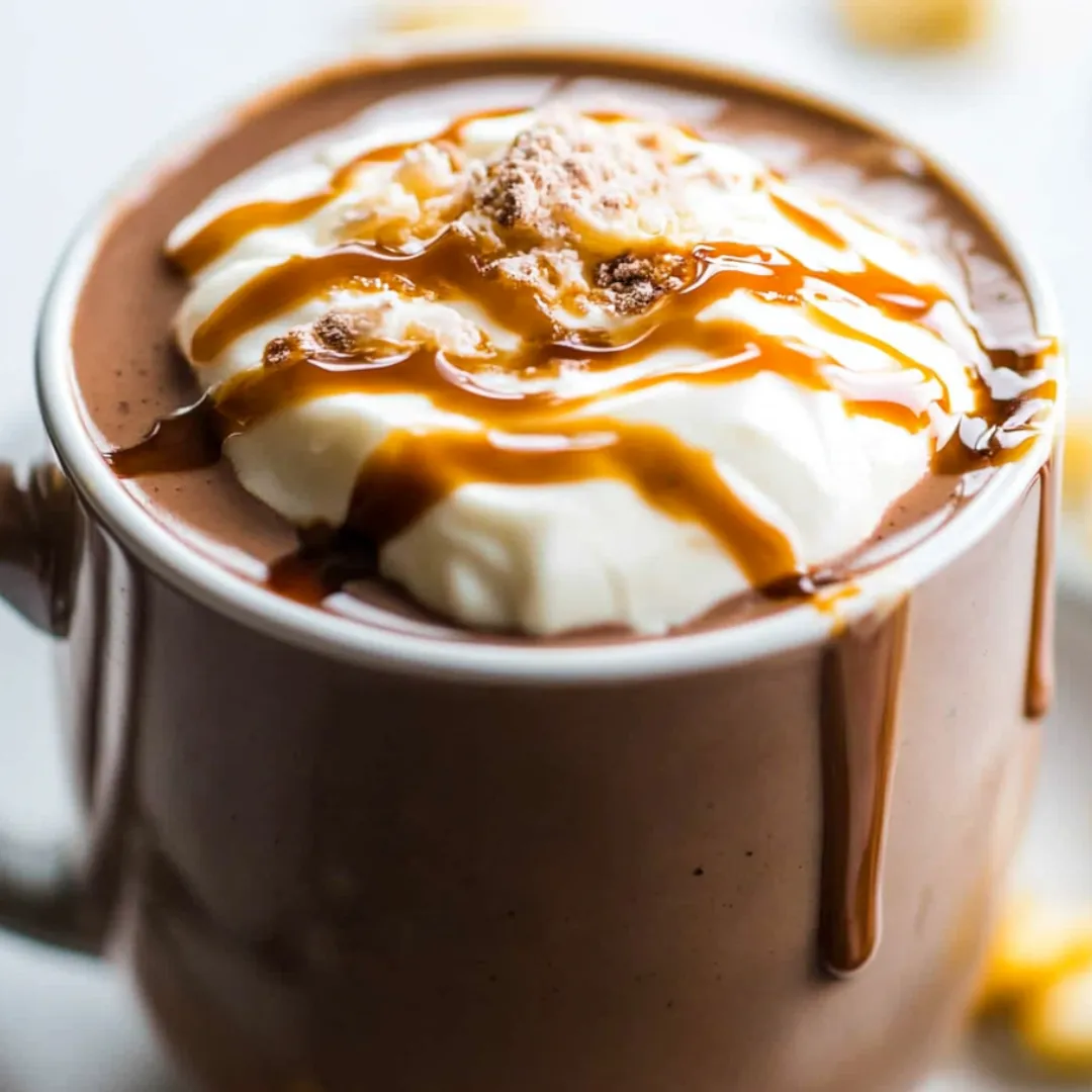 A mug of hot chocolate topped with a swirl of whipped cream.