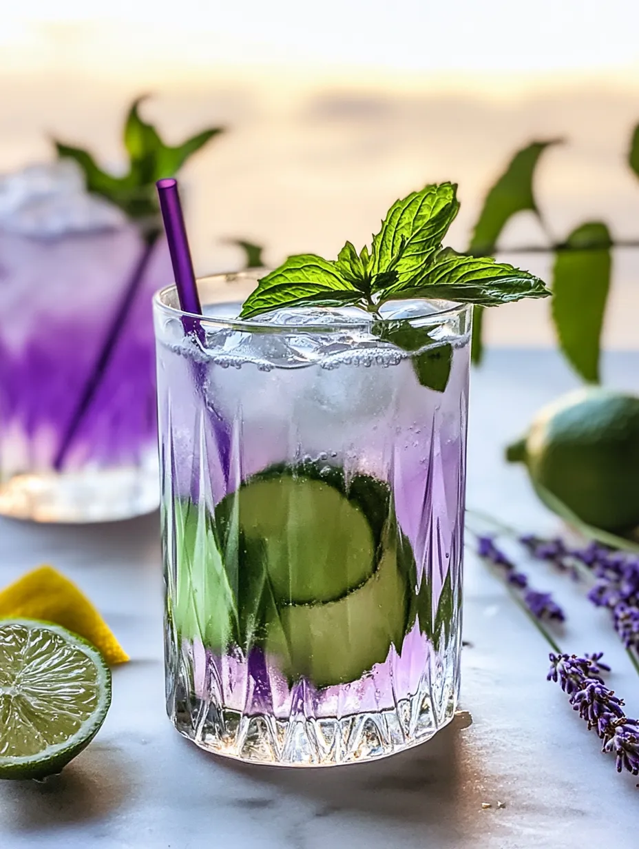 A glass with purple drink and mint on top.