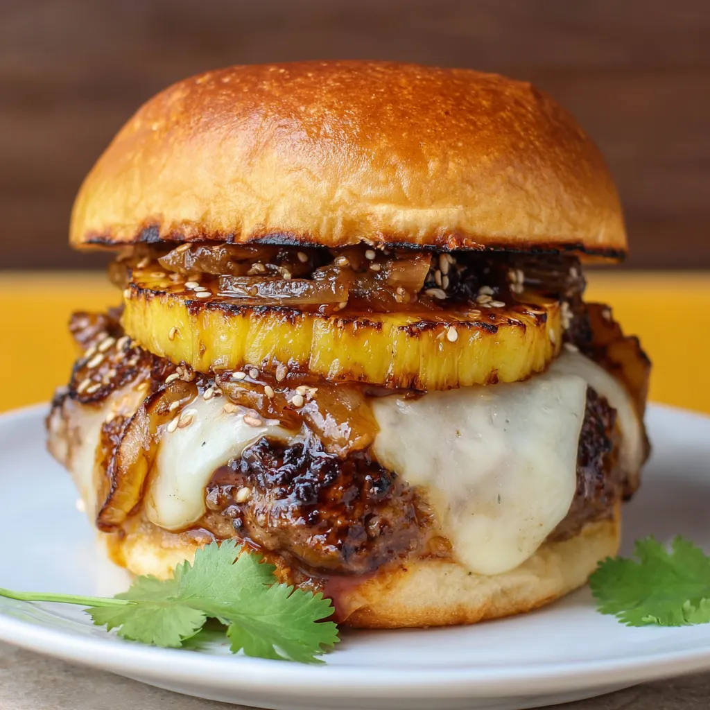 A juicy burger topped with grilled pineapple ring.