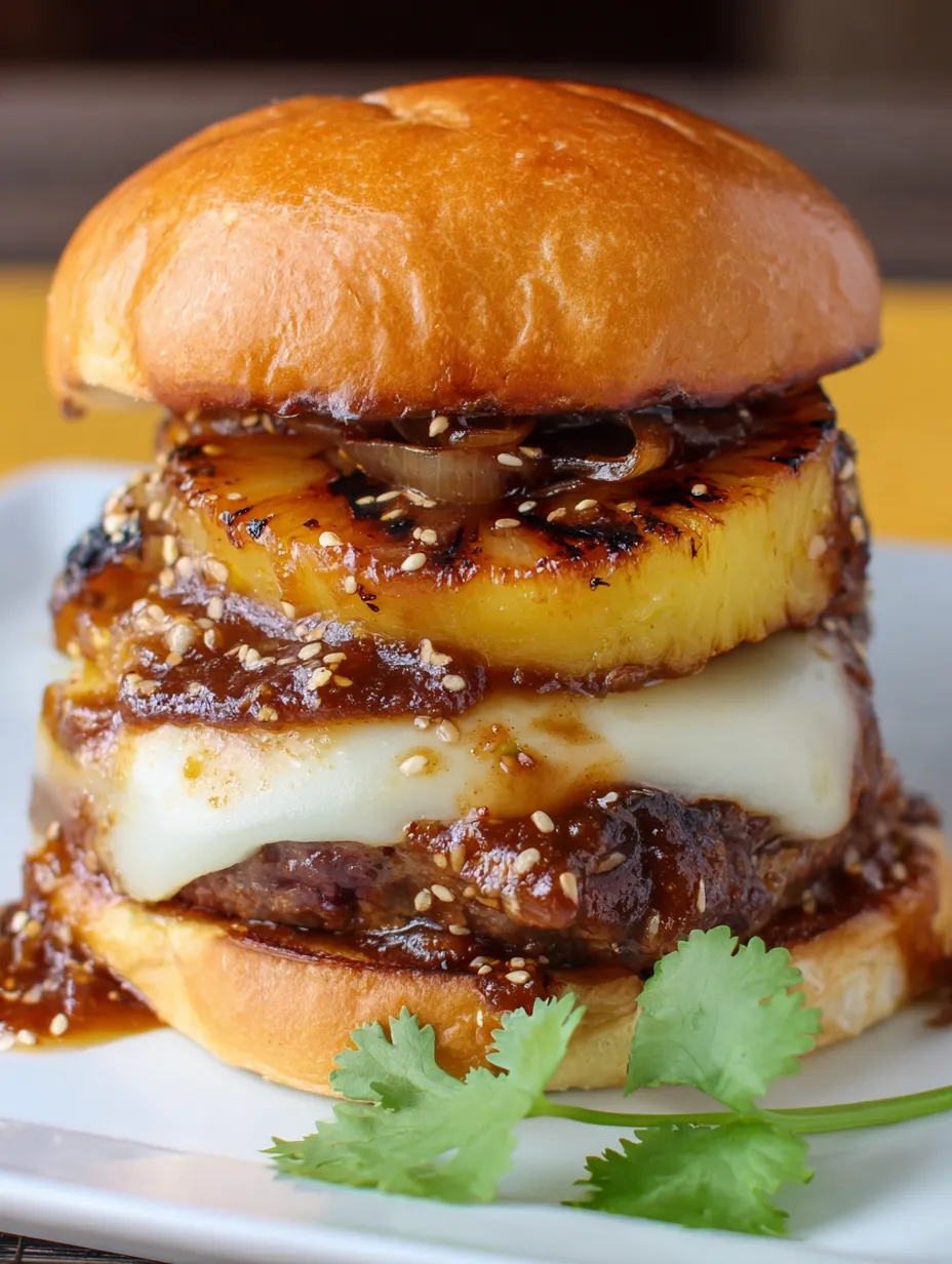 A hamburger filled with pineapple and Swiss cheese.