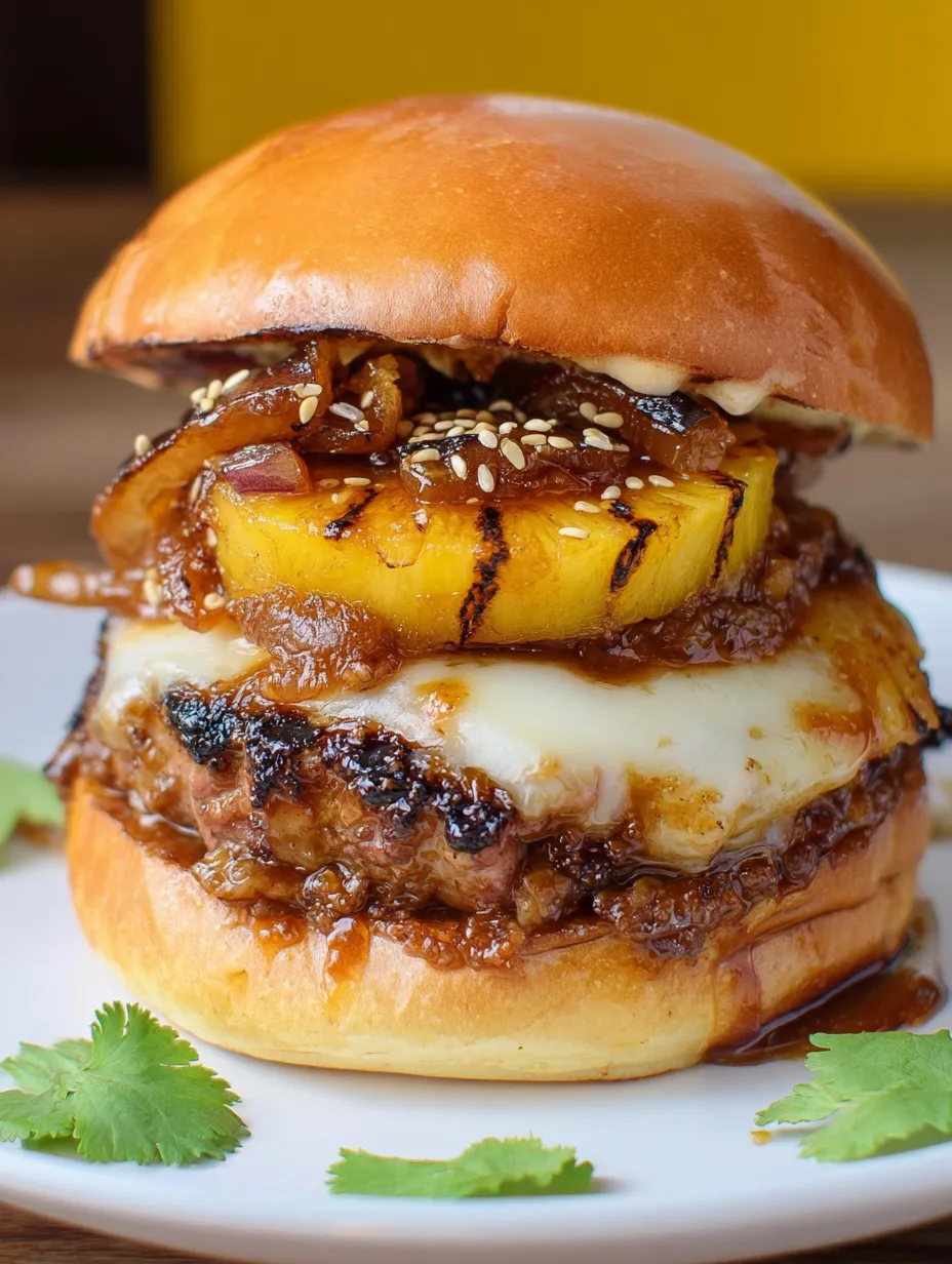 A juicy burger topped with pineapple and red onion.