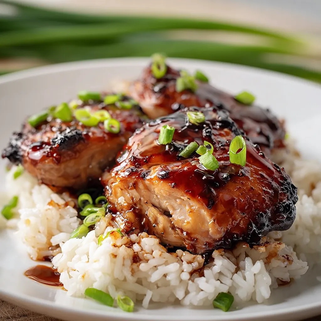 Grilled chicken and saucy pineapple sitting on a fluffy bed of rice.