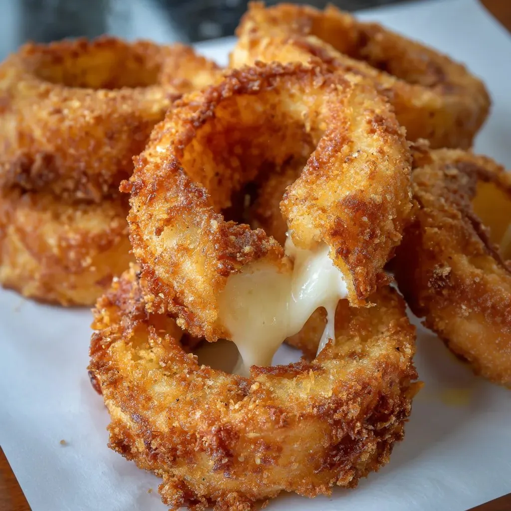 Piled fried onion rings with gooey cheese.