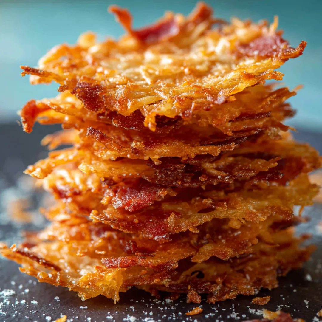 Bacon bites sitting on a black surface.