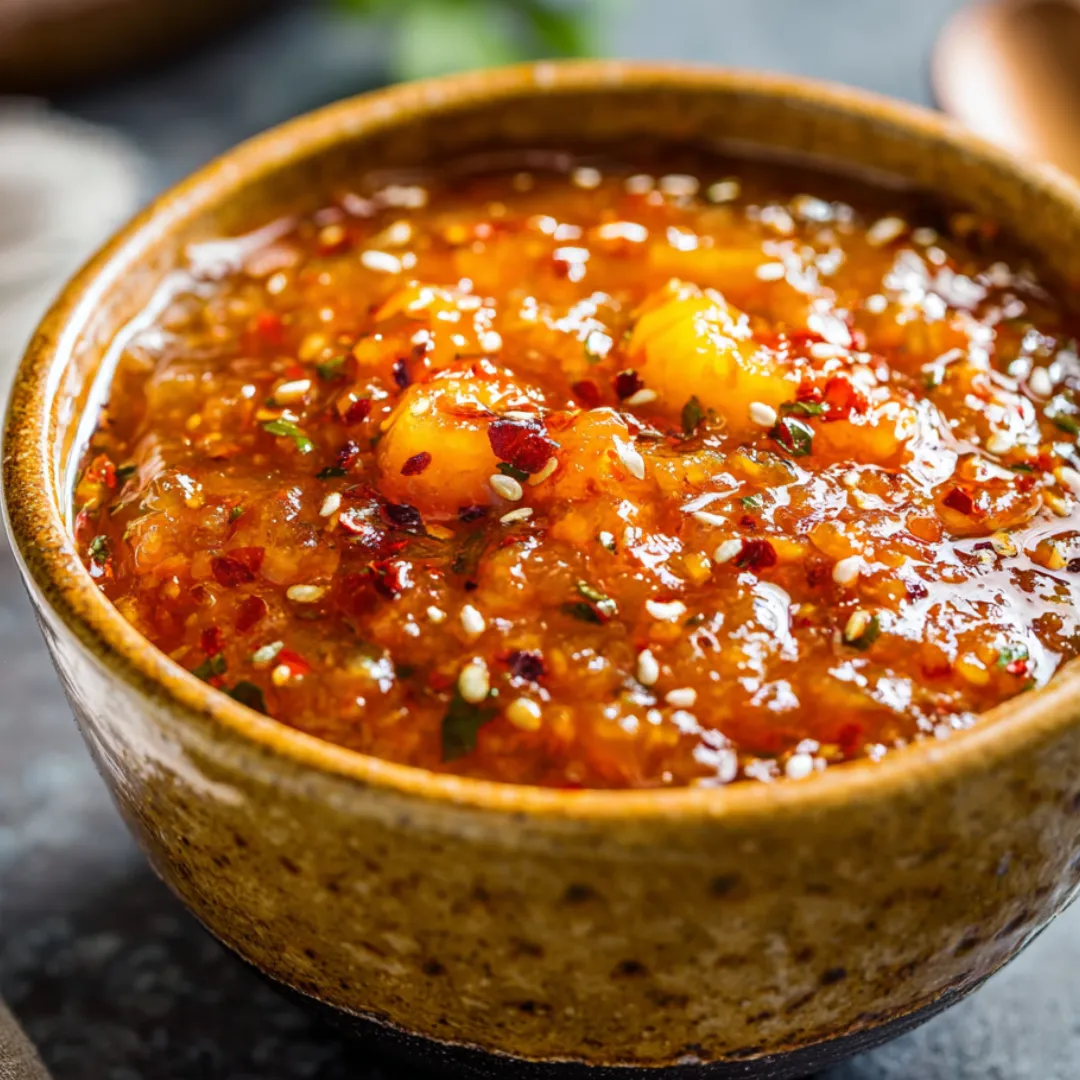 A bowl of chunky salsa with red peppers.