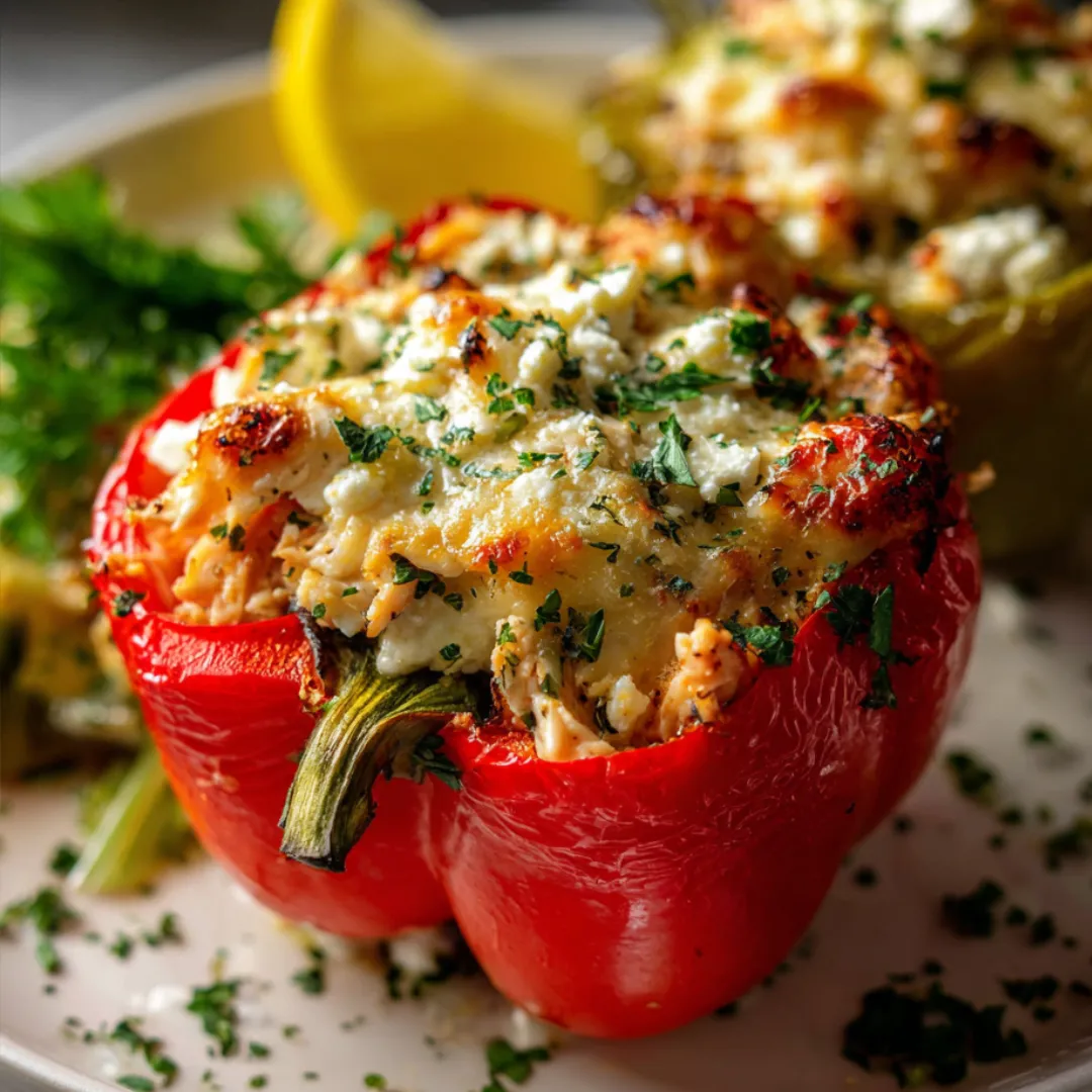 A plate with a roasted red pepper and lemon wedge on it, ready to eat.