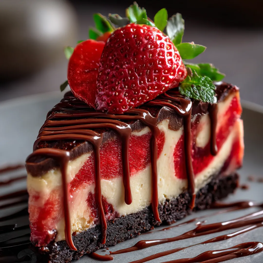 Cheesecake slice topped with strawberries and a messy chocolate drizzle.