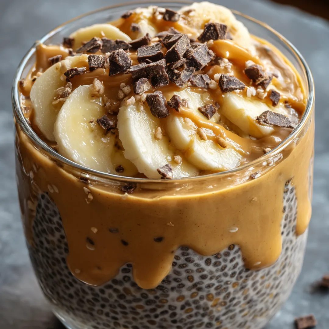 Yogurt in a glass topped with bananas and chocolate chips.
