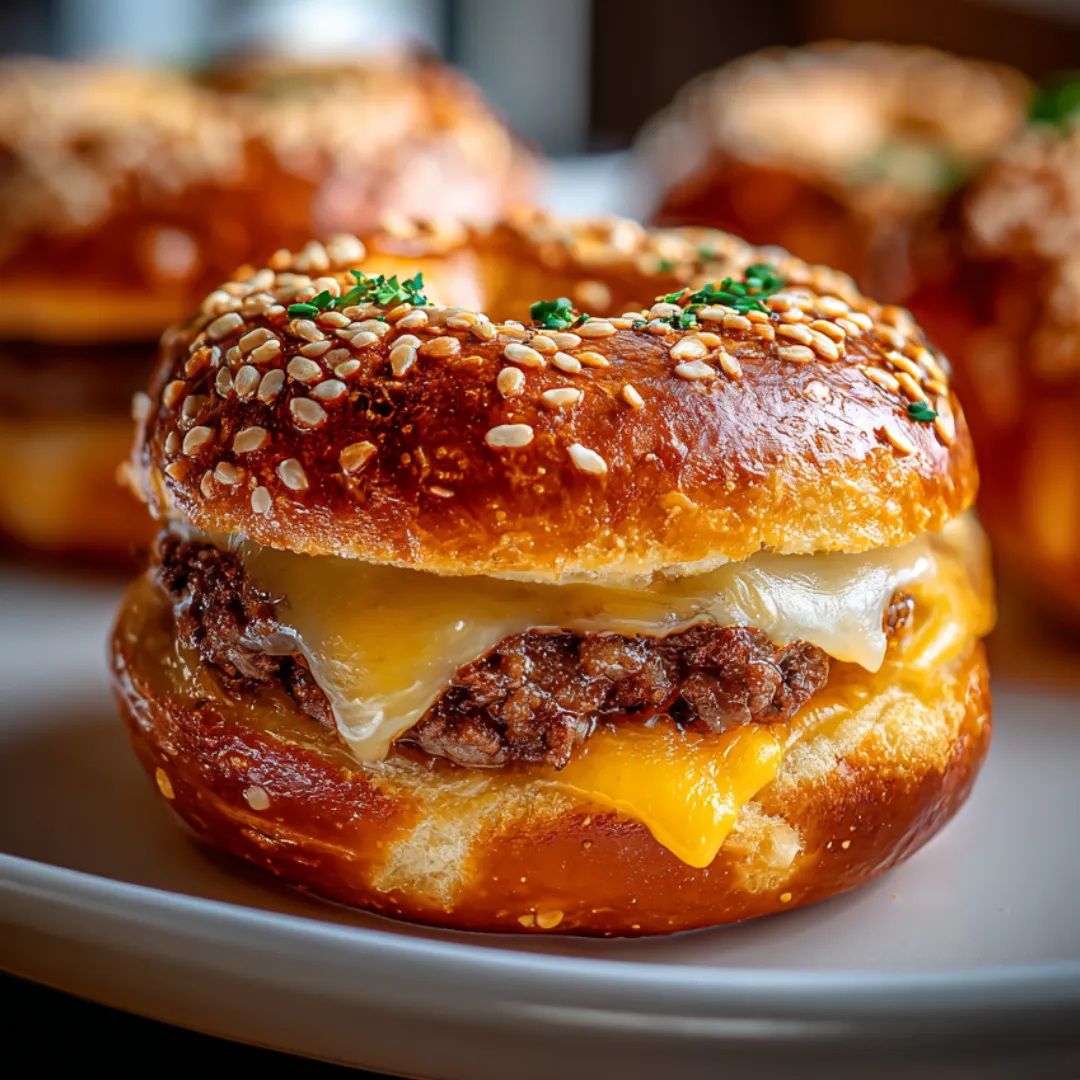 Melted cheese and beef tucked in bread on a plate.