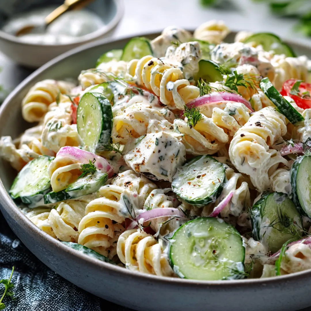Big bowl of noodles with tomatoes and cucumber slices.