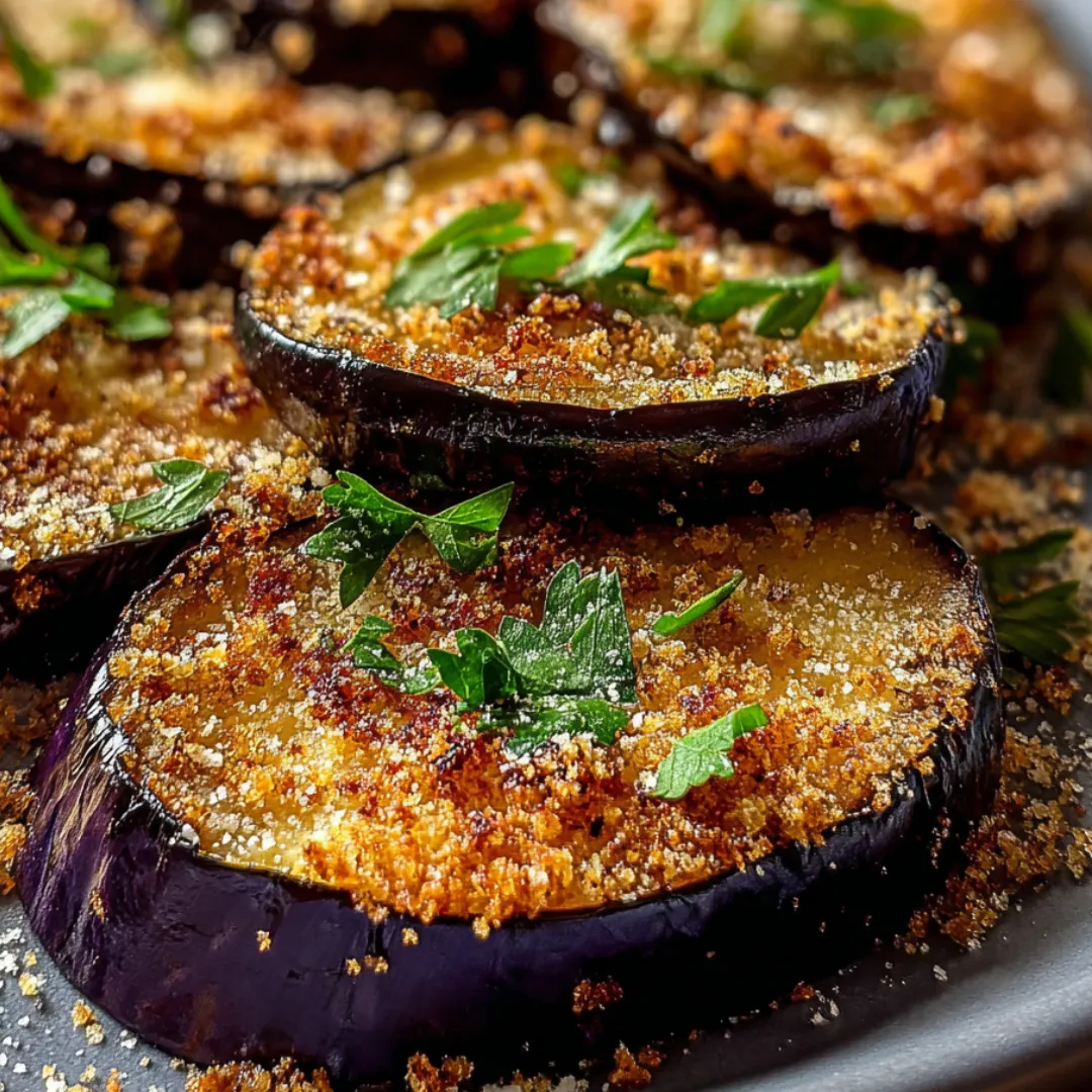 Eggplant rounds piled high on a plate, topped with fresh basil leaves.