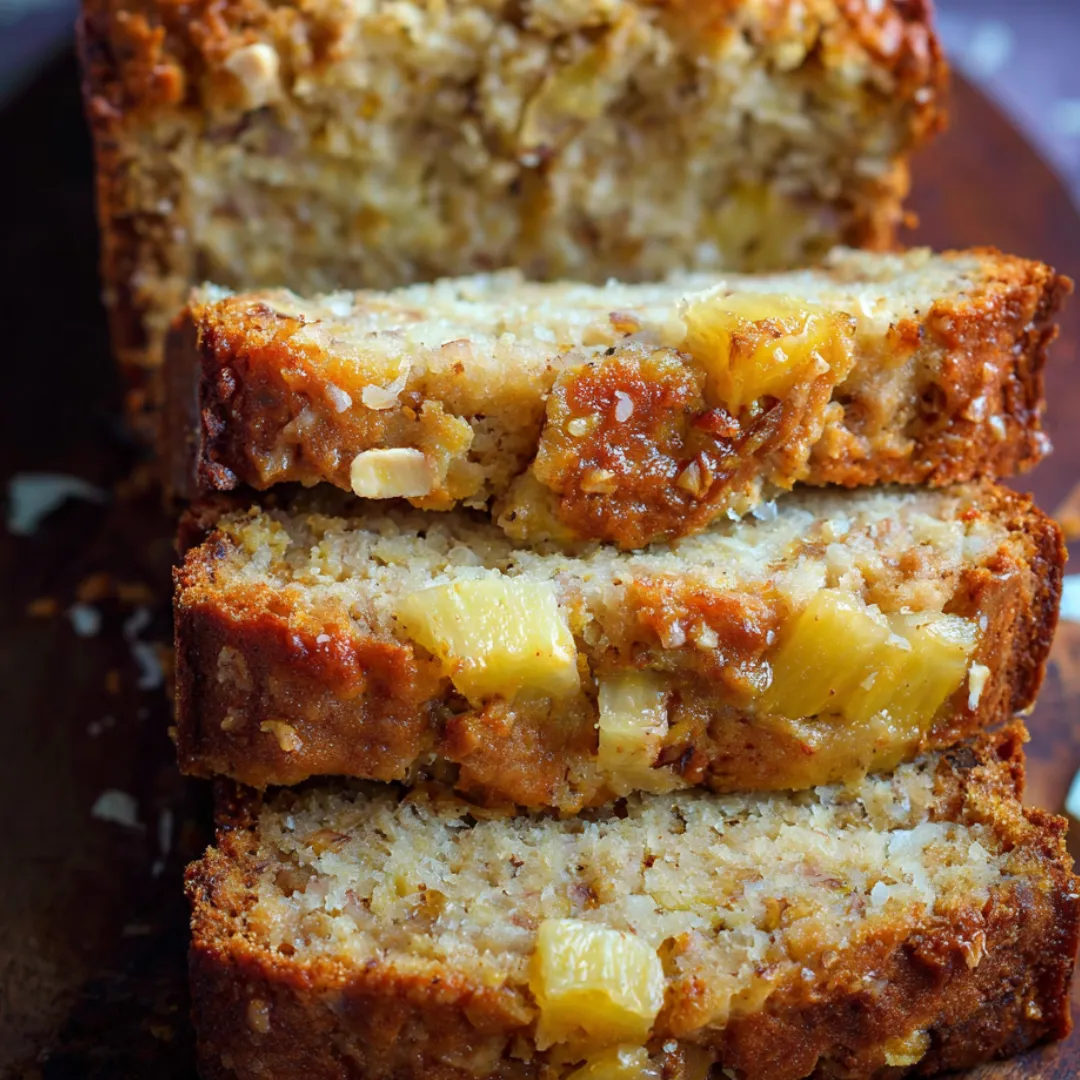 Banana bread slice with macadamias scattered on top.