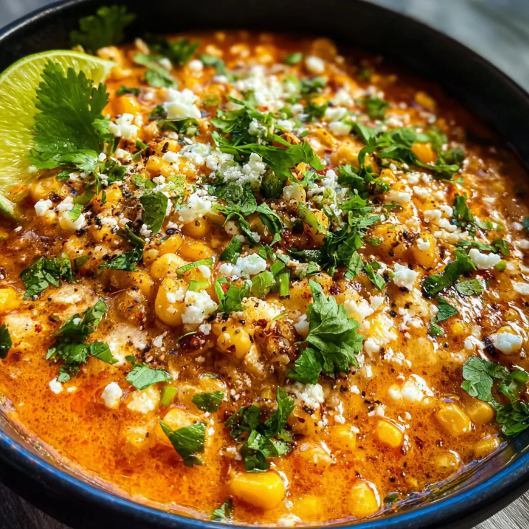 Soup loaded with corn and melty cheese in a bowl.