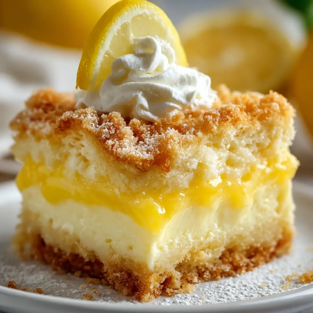 Lemon cake slice topped with a heap of whipped cream.