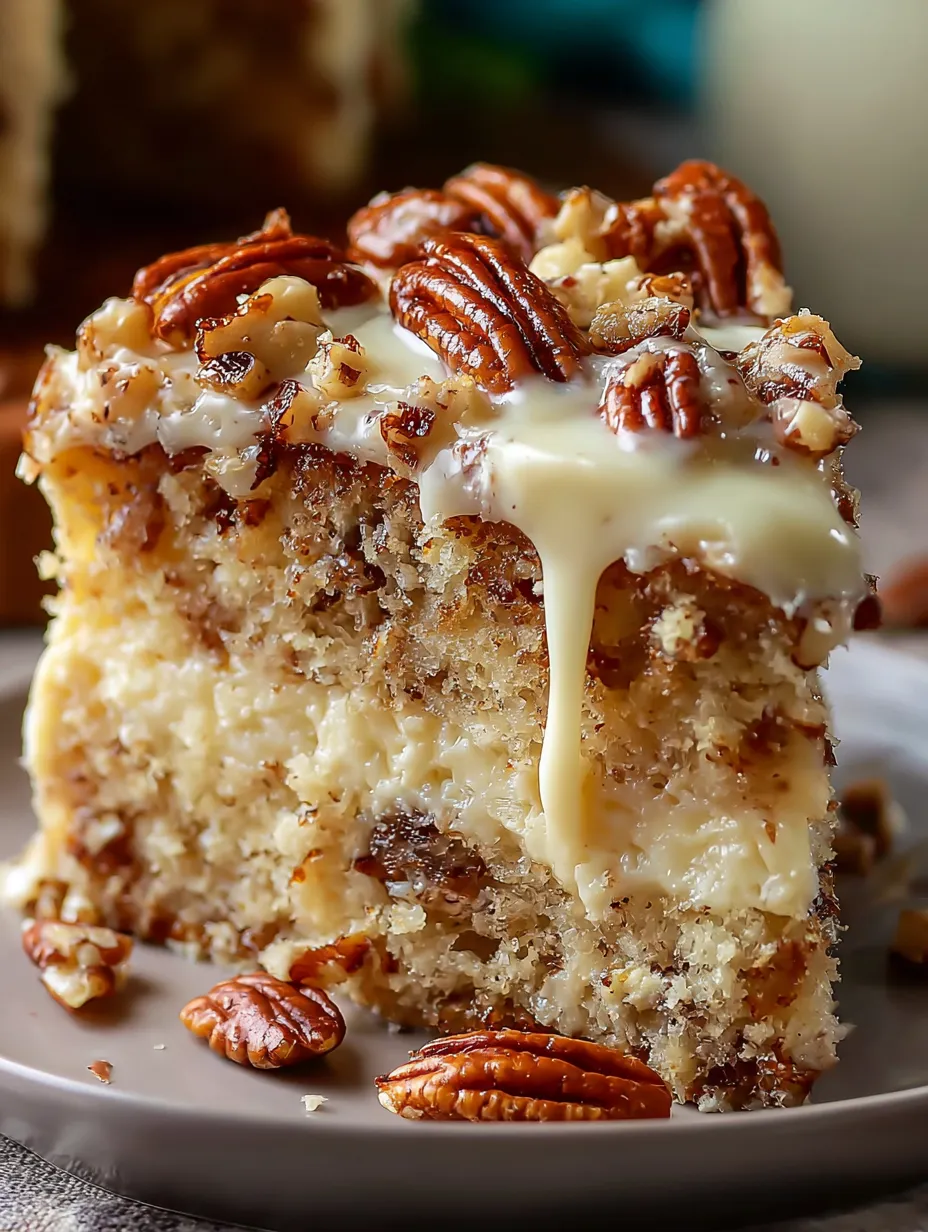 A slice of cake all topped with pecans.