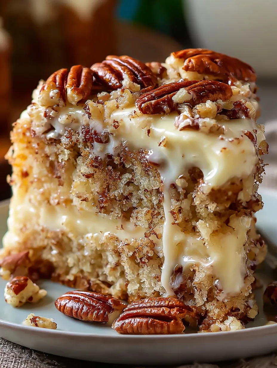 A slice of cake all topped with pecans.
