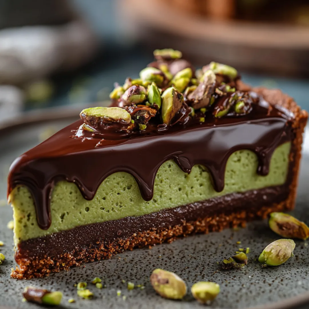 A classy chocolate tart slice topped with roasted almonds.