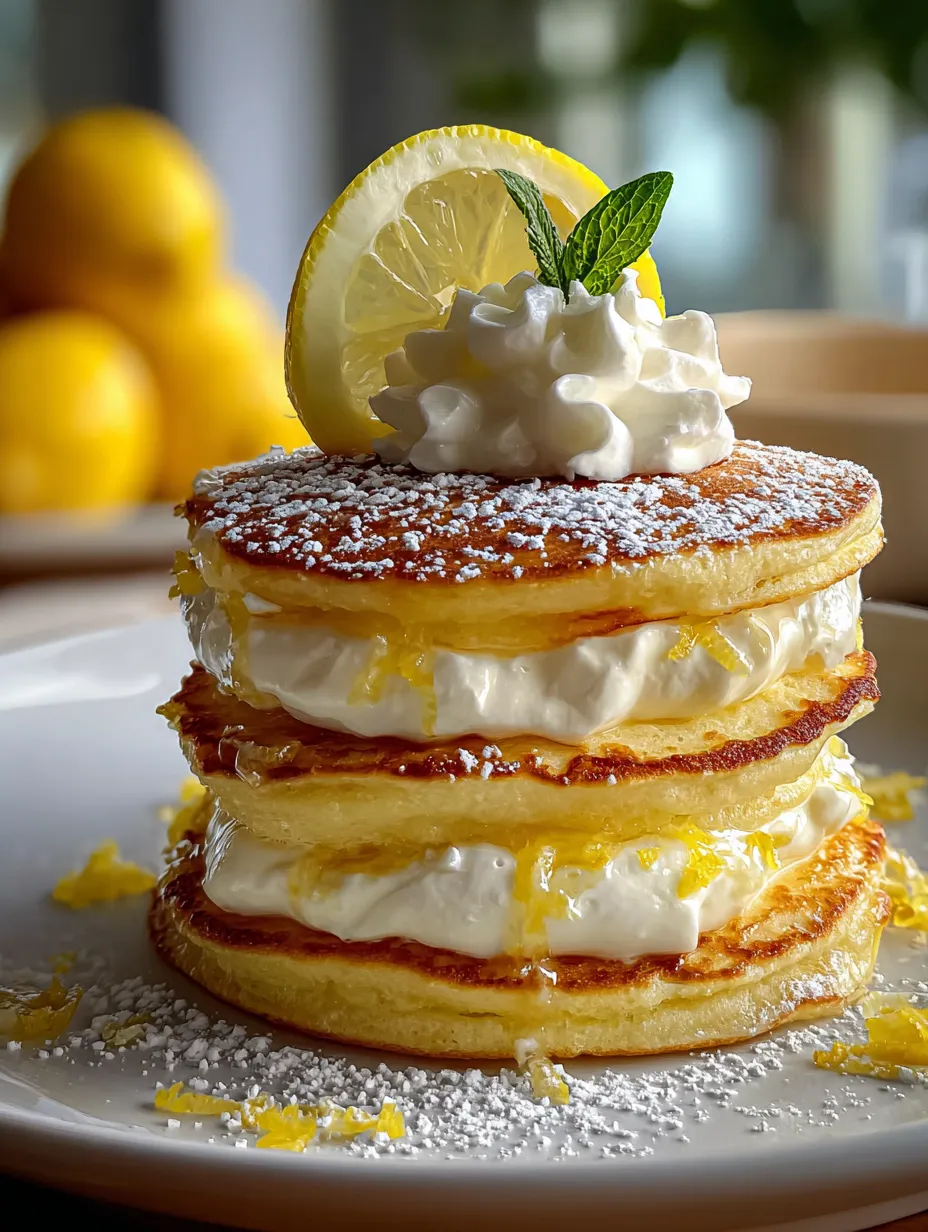 A tall stack of pancakes topped with lemon and whipped cream.