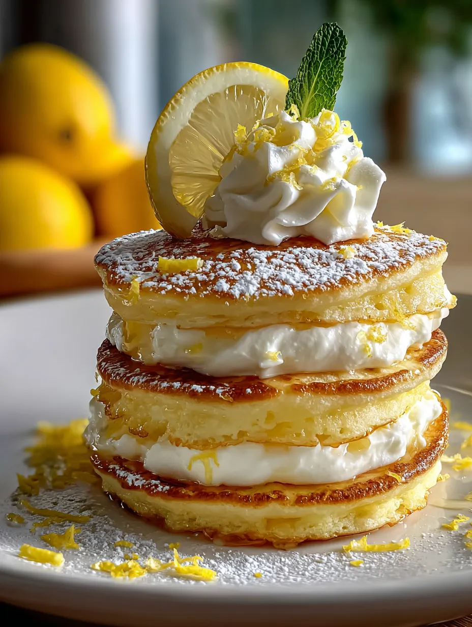 Fluffy pancakes stacked tall with a lemon wedge on top.