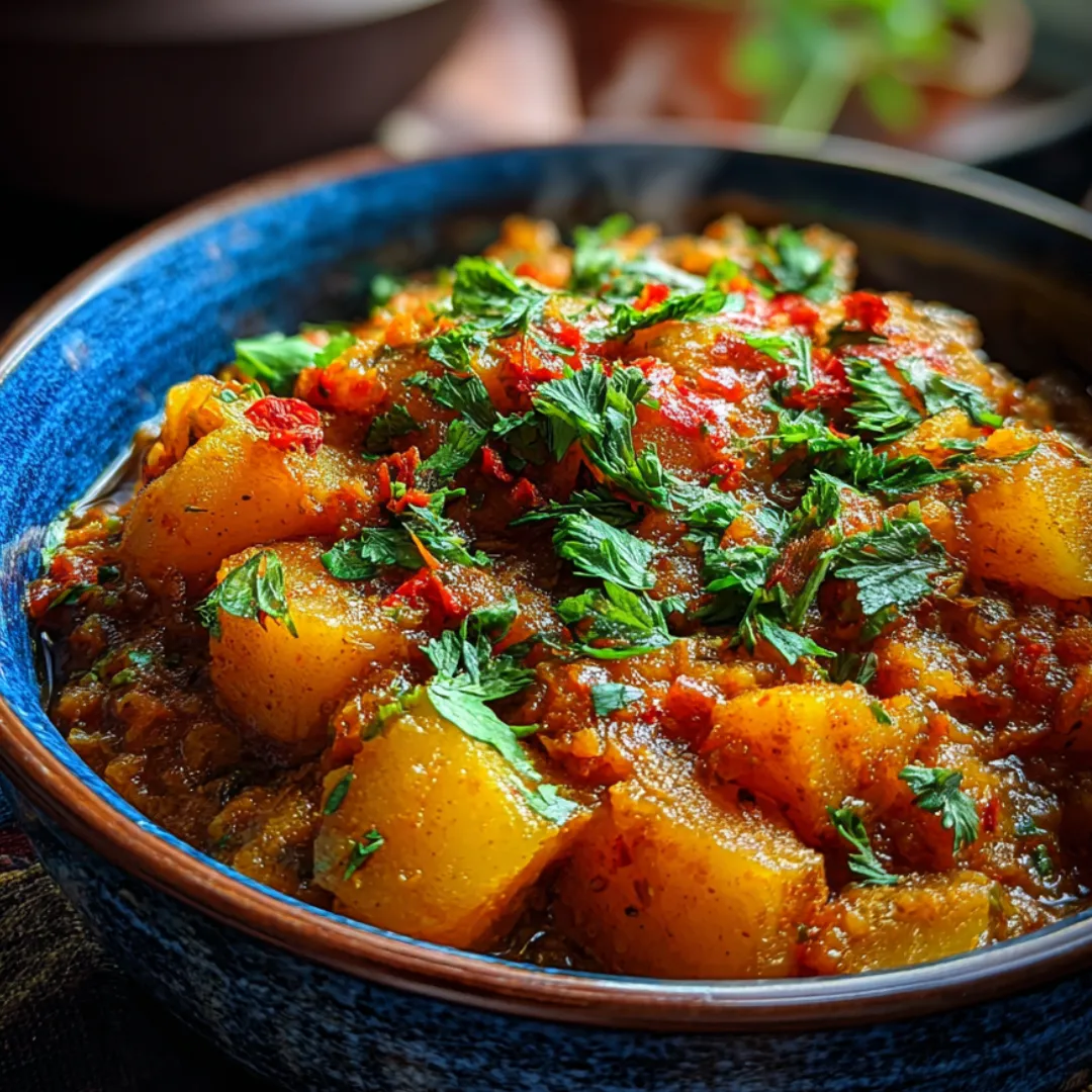 A big blue-rimmed bowl loaded with food.