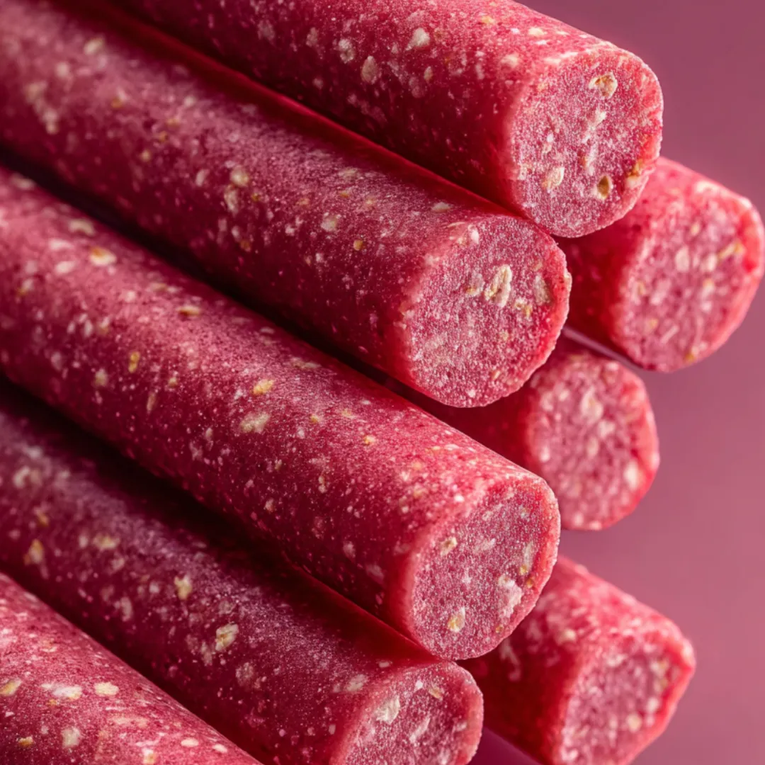 A bunch of bright red treats lined up.