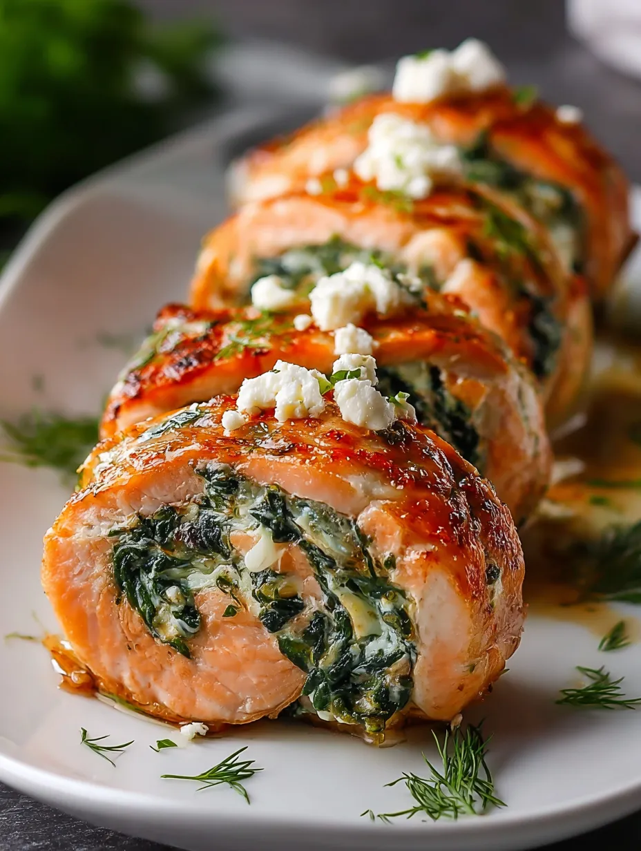 A plate showing baked salmon pinwheels with feta filling.