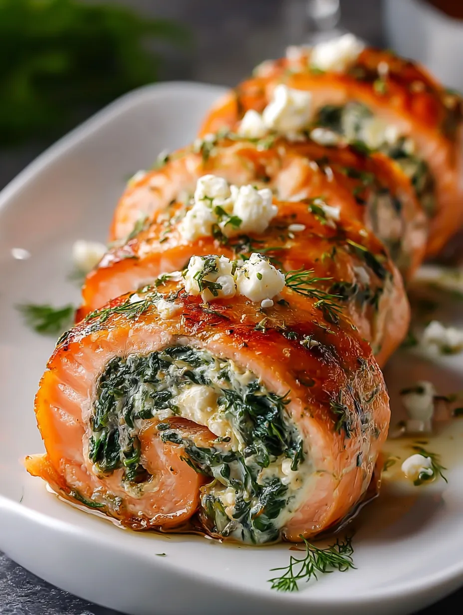 Pinwheel-shaped salmon pieces with feta and herbs on a plate.