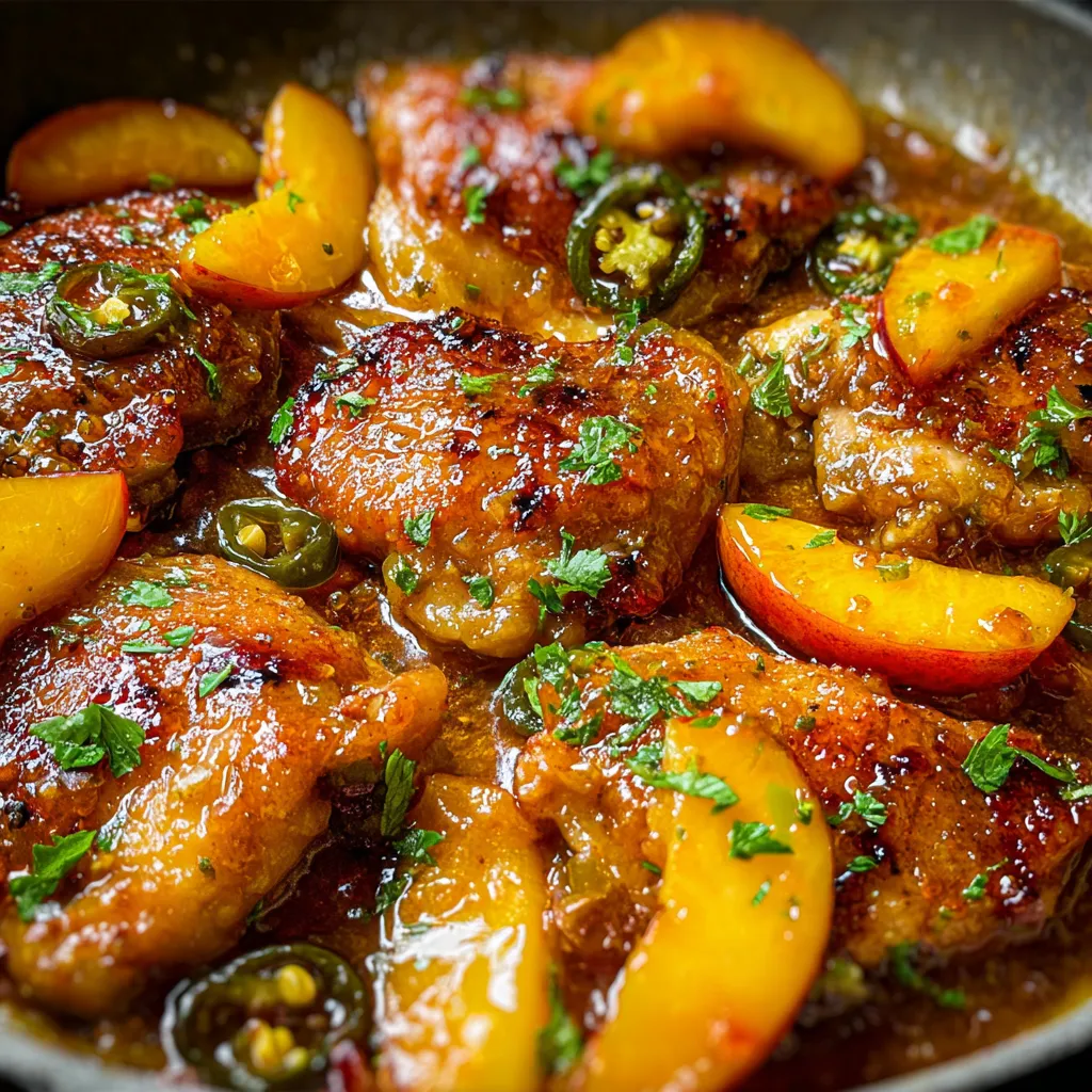 Skillet with chicken, jalapeños, and peach slices.