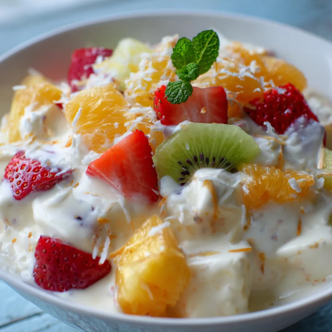 Fruit bowl filled with bright strawberries, kiwi slices, and orange pieces.