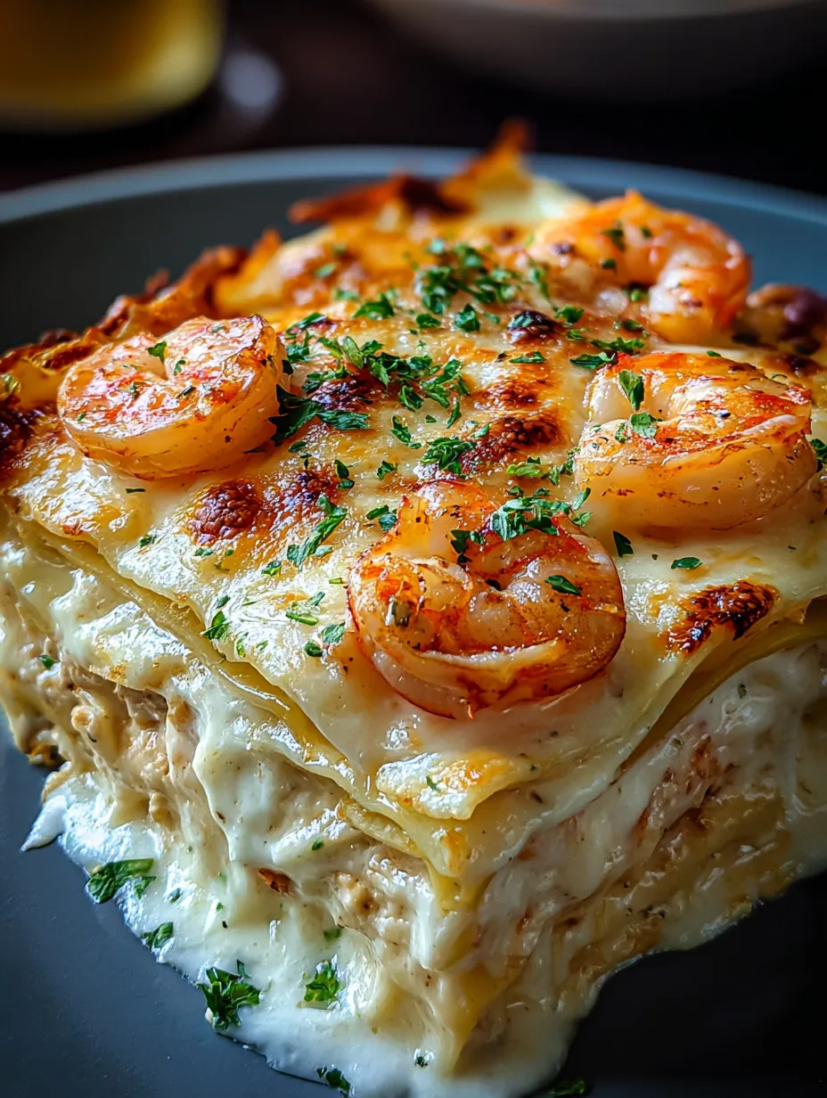 A plate stacked with cheesy shrimp and golden crust.