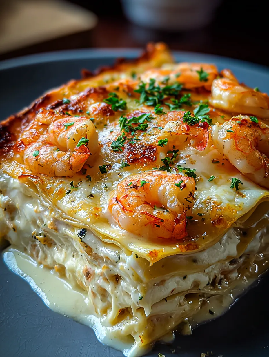 A plate stacked with cheesy shrimp and golden crust.